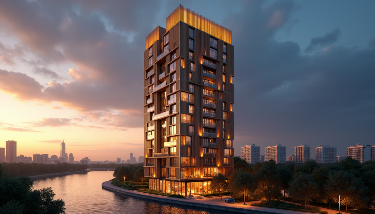 AURUM Residence - hero: złota wieża nad Odrą o zmierzchu