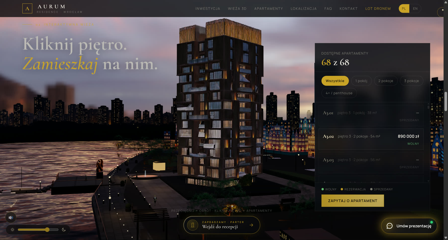 AURUM - fotorealistyczna wieża 3D w wrocławskiej dzielnicy z panelem wyboru apartamentów