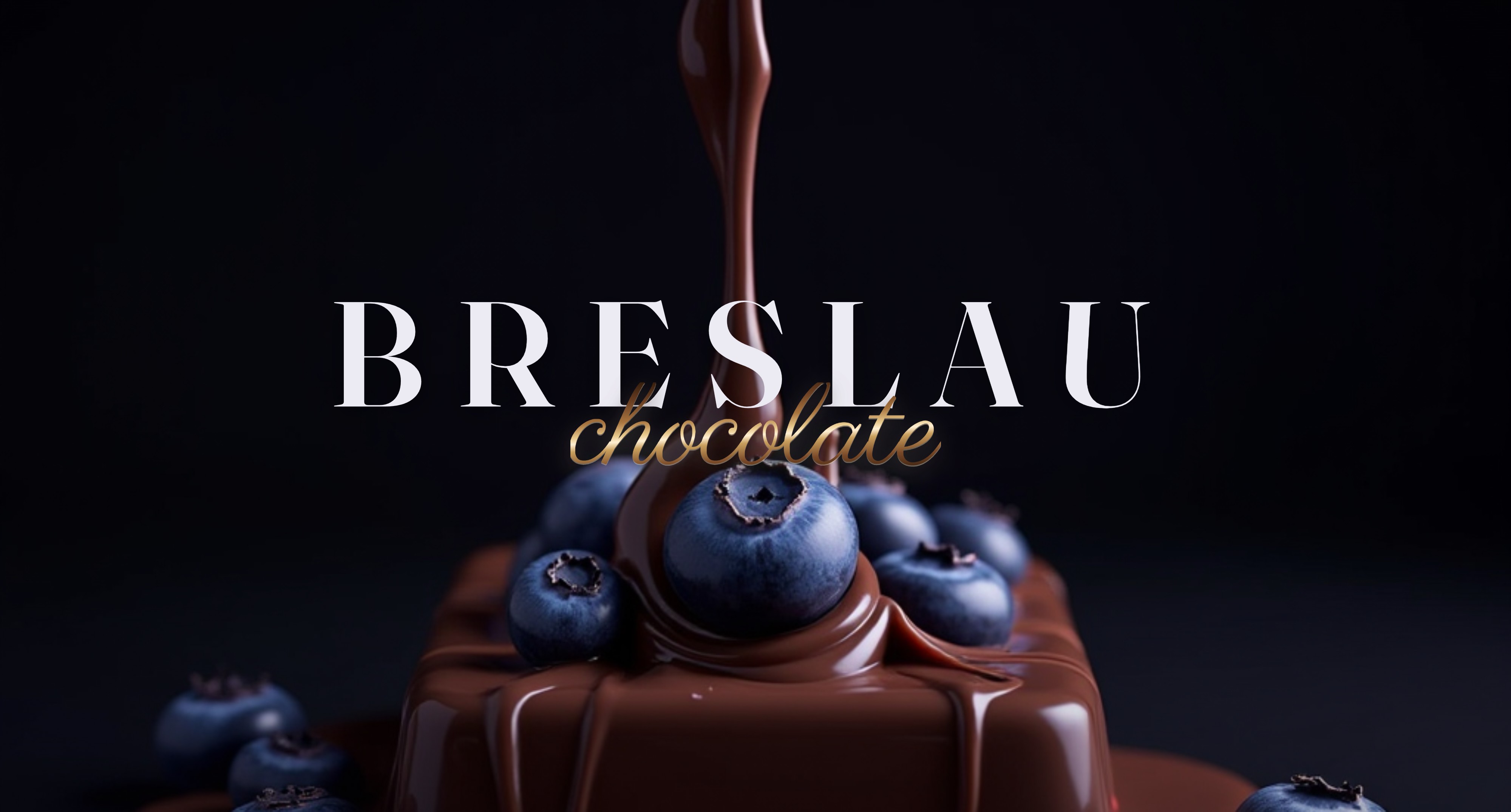 Breslau Chocolate - hero: polewana czekolada i borówki z logo marki