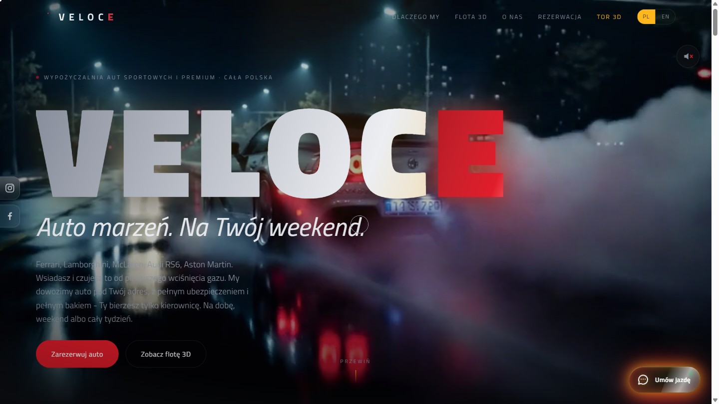 VELOCE - hero: wypożyczalnia aut sportowych, wordmark nad nocną sceną z autem