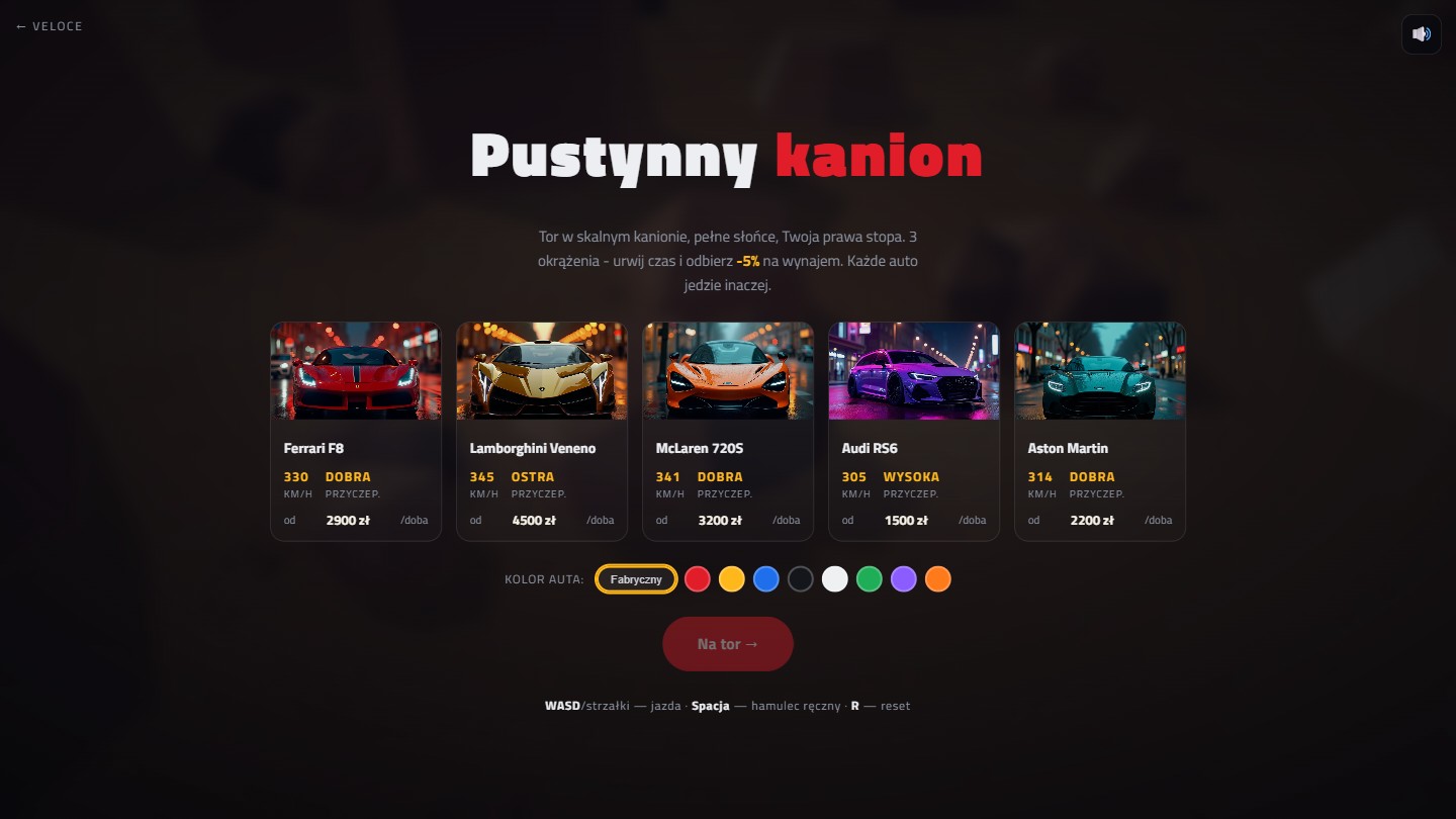 VELOCE Tor Kanion - ekran wyboru auta: flota 3D ze statystykami, konfigurator koloru, wejście na tor